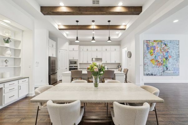 Dining room, Interior, Kitchen, Pendant Lights, Recessed Lighting, Stainless Steel Appliances, Wooden Beams, Wood Texture Flooring