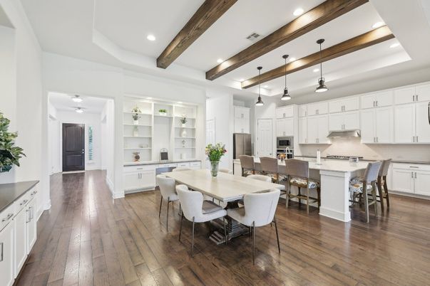 Dining room, Interior, Kitchen, Pendant Lights, Recessed Lighting, Stainless Steel Appliances, Wooden Beams, Wood Texture Flooring