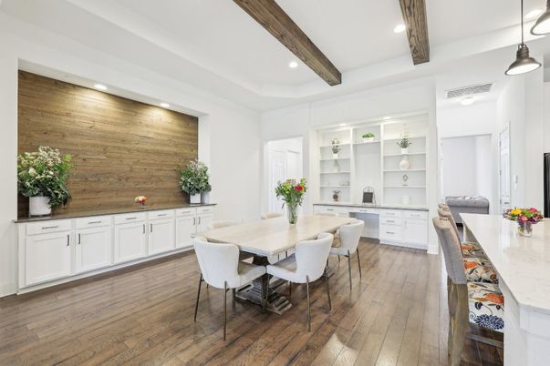 Dining room, Interior, Pendant Lights, Recessed Lighting, Wooden Beams, Wood Texture Flooring