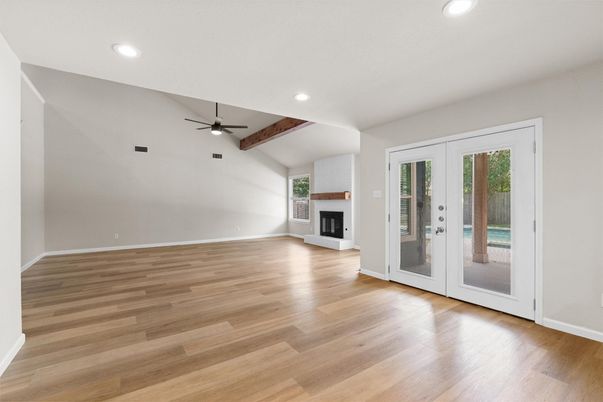 Empty room, Fireplace, Interior, Recessed Lighting, Wood Texture Flooring