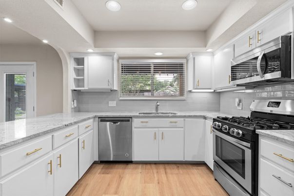 Interior, Kitchen, Recessed Lighting, Stainless Steel Appliances, Wood Texture Flooring