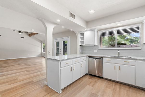 Interior, Kitchen, Recessed Lighting, Stainless Steel Appliances, Wood Texture Flooring
