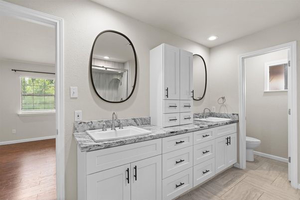 Bathroom, Dual Sink Vanities, Interior, Recessed Lighting, Wood Texture Flooring