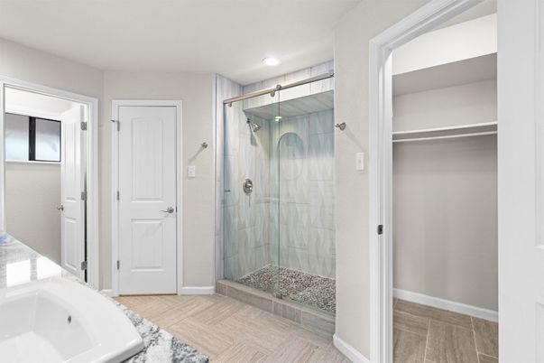 Bathroom, Glass Shower, Interior, Recessed Lighting, Wood Texture Flooring