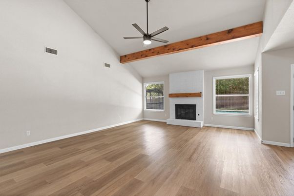 Empty room, Fireplace, Interior, Wooden Beams, Wood Texture Flooring