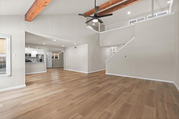 Empty room, Interior, Kitchen, Recessed Lighting, Wooden Beams, Wood Texture Flooring