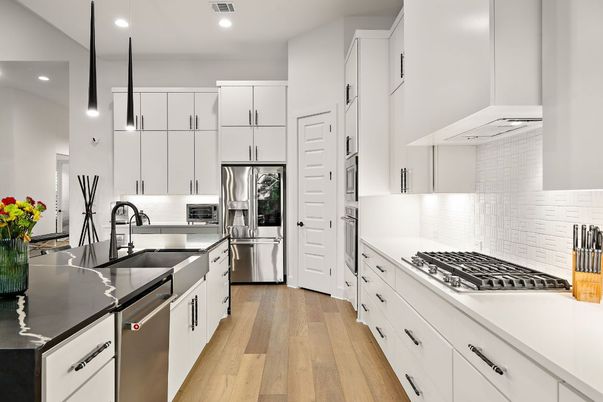 Interior, Kitchen, Pendant Lights, Recessed Lighting, Stainless Steel Appliances, Wood Texture Flooring