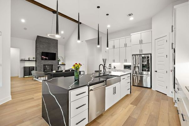 Fireplace, Interior, Kitchen, Pendant Lights, Recessed Lighting, Stainless Steel Appliances, Wood Texture Flooring