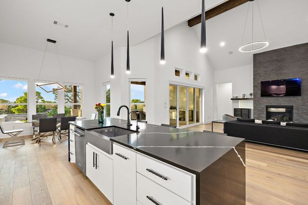 Dining room, Fireplace, Interior, Kitchen, Living room, Pendant Lights, Recessed Lighting, Wood Texture Flooring