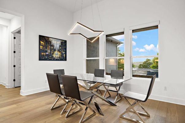 Dining room, Interior, Pendant Lights, Wood Texture Flooring