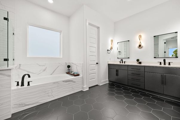Bathroom, Dual Sink Vanities, Interior, Marble Walls, Recessed Lighting