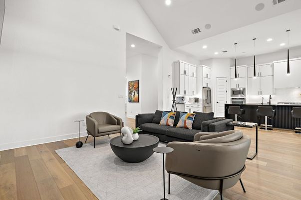 Interior, Kitchen, Living room, Pendant Lights, Recessed Lighting, Stainless Steel Appliances, Wood Texture Flooring