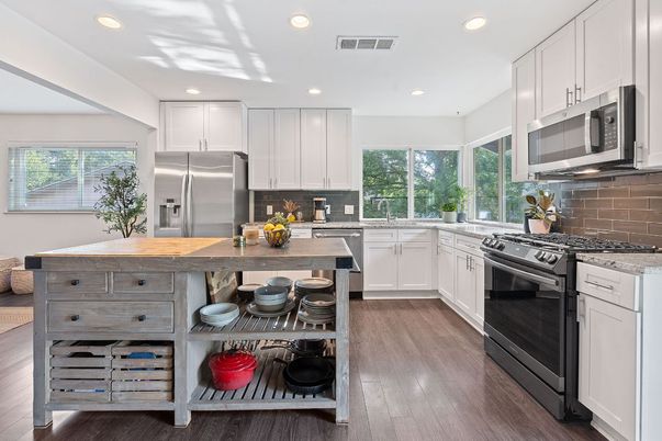 Interior, Kitchen, Recessed Lighting, Stainless Steel Appliances, Wood Texture Flooring