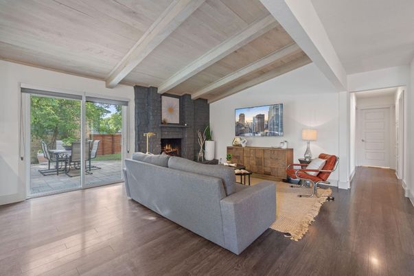Dining room, Fireplace, Interior, Living room, Wooden Ceilings, Wood Texture Flooring