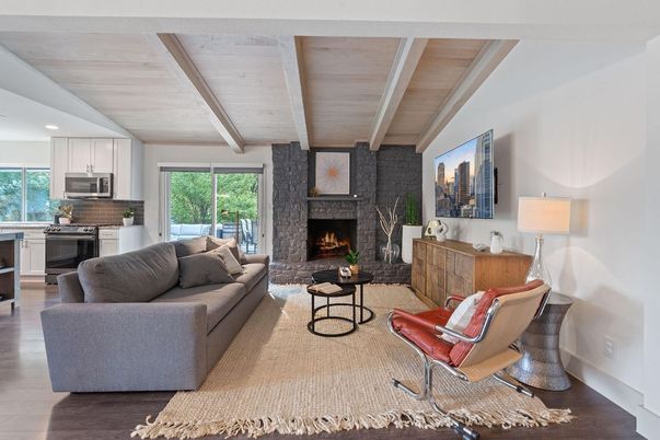 Fireplace, Interior, Kitchen, Living room, Recessed Lighting, Stainless Steel Appliances, Stone Walls, Wooden Beams, Wooden Ceilings, Wood Texture Flooring