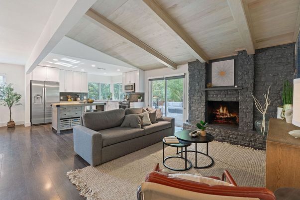 Fireplace, Interior, Kitchen, Living room, Recessed Lighting, Stainless Steel Appliances, Stone Walls, Wooden Beams, Wooden Ceilings, Wood Texture Flooring