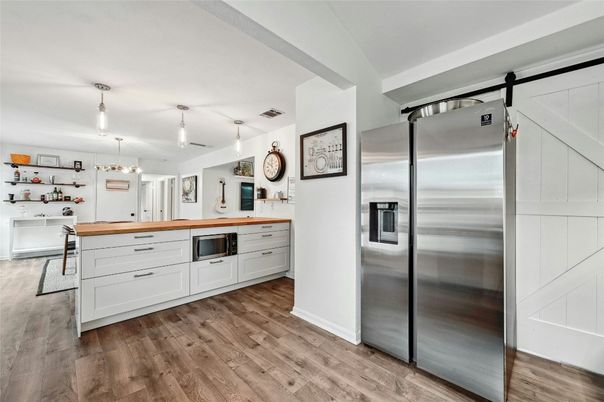 Interior, Kitchen, Pendant Lights, Stainless Steel Appliances, Wood Texture Flooring