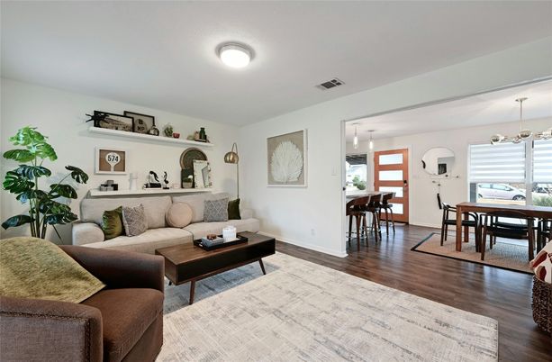 Dining room, Interior, Living room, Pendant Lights, Wood Texture Flooring