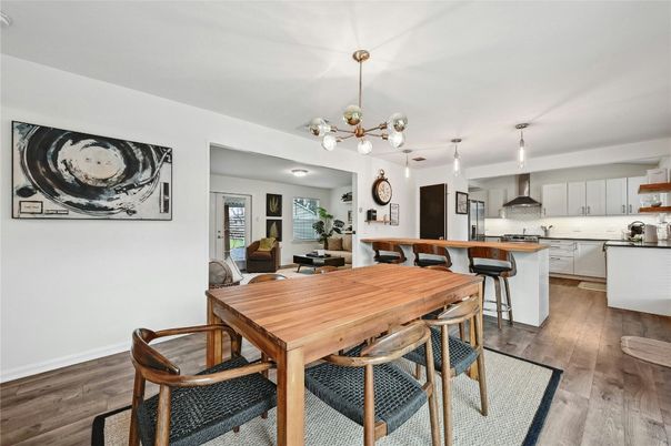 Dining room, Interior, Kitchen, Pendant Lights, Stainless Steel Appliances, Wood Texture Flooring