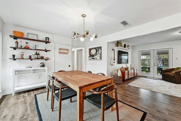 Dining room, Interior, Pendant Lights, Wood Texture Flooring