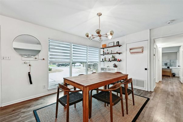 Dining room, Interior, Pendant Lights, Wood Texture Flooring