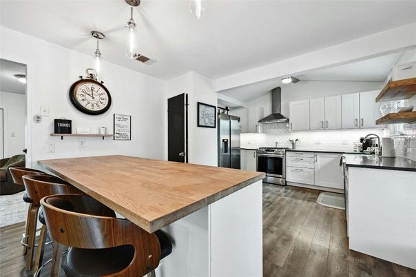 Interior, Kitchen, Pendant Lights, Stainless Steel Appliances, Wood Texture Flooring