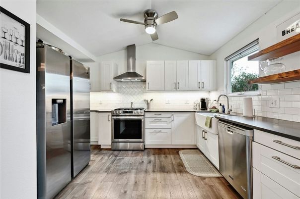 Interior, Kitchen, Stainless Steel Appliances, Wood Texture Flooring