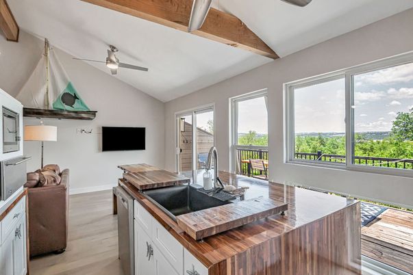 Interior, Kitchen, Tile Countertops, Wooden Beams, Wood Texture Flooring