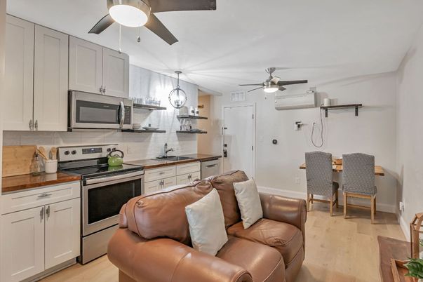 Dining room, Interior, Kitchen, Living room, Stainless Steel Appliances, Wood Texture Flooring