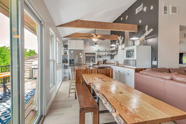 Dining room, Interior, Kitchen, Stainless Steel Appliances, Wood Texture Flooring
