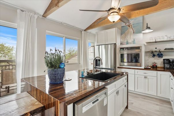 Interior, Kitchen, Stainless Steel Appliances, Wooden Beams, Wood Texture Flooring