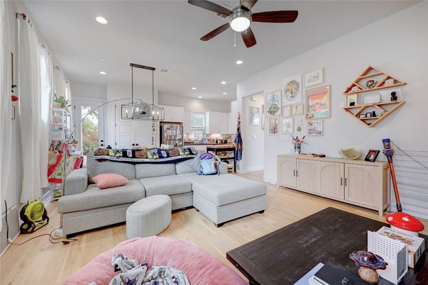Interior, Kitchen, Living room, Pendant Lights, Recessed Lighting, Wood Texture Flooring