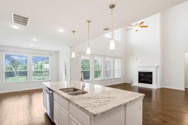 Fireplace, Interior, Kitchen, Pendant Lights, Recessed Lighting, Wood Texture Flooring
