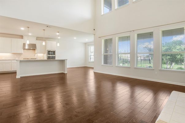 Empty room, Interior, Kitchen, Pendant Lights, Recessed Lighting, Wood Texture Flooring