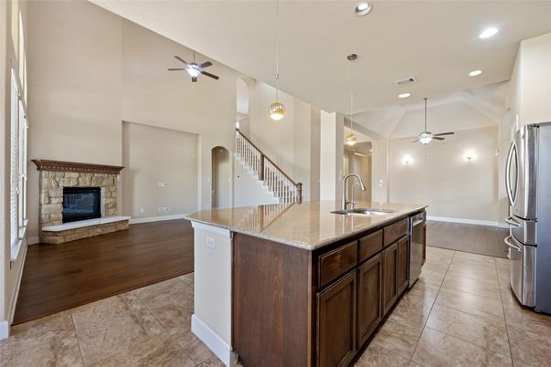 Fireplace, Interior, Kitchen, Pendant Lights, Recessed Lighting, Wood Texture Flooring