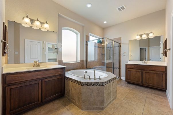 Bathroom, Dual Sink Vanities, Glass Shower, Interior, Recessed Lighting