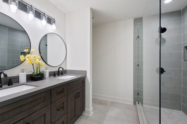 Bathroom, Dual Sink Vanities, Glass Shower, Interior, Recessed Lighting