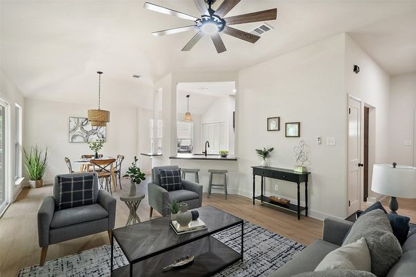 Dining room, Interior, Living room, Pendant Lights, Wood Texture Flooring