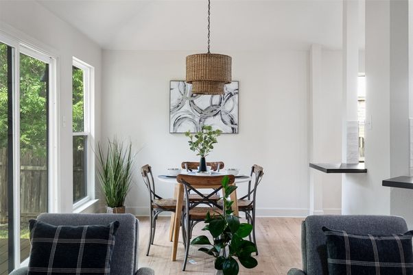 Dining room, Interior, Pendant Lights, Wood Texture Flooring