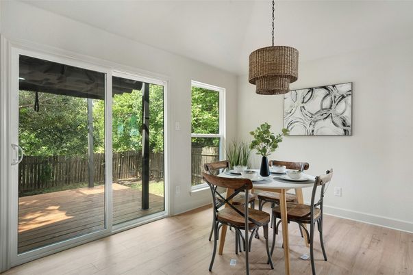 Dining room, Interior, Pendant Lights, Wood Texture Flooring