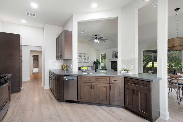 Interior, Kitchen, Pendant Lights, Recessed Lighting, Wood Texture Flooring