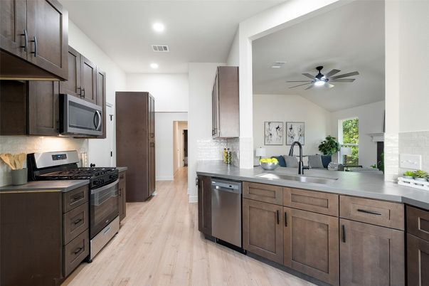 Interior, Kitchen, Recessed Lighting, Wood Texture Flooring