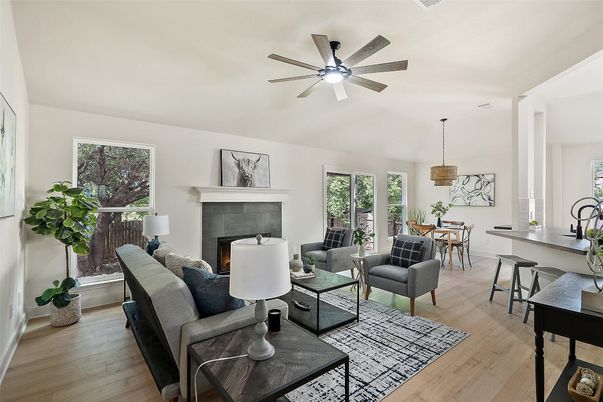 Dining room, Fireplace, Interior, Living room, Pendant Lights, Wood Texture Flooring