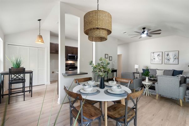 Dining room, Interior, Kitchen, Living room, Pendant Lights, Wood Texture Flooring