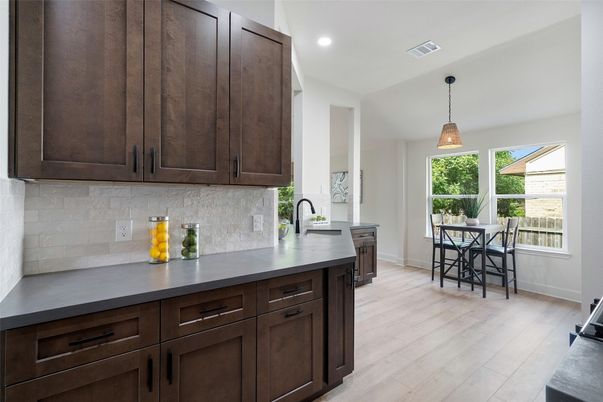 Dining room, Interior, Kitchen, Pendant Lights, Recessed Lighting, Wood Texture Flooring