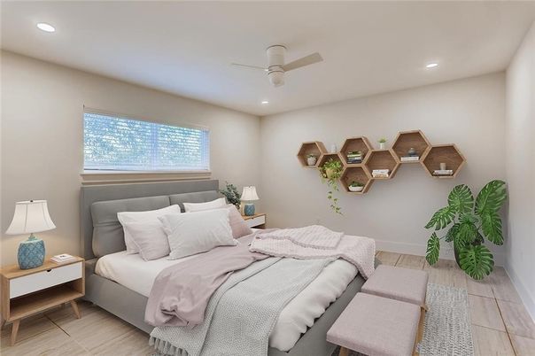 Bedroom, Interior, Recessed Lighting, Wood Texture Flooring