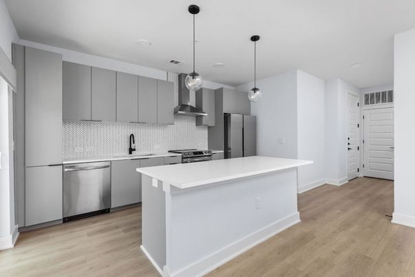 Interior, Kitchen, Pendant Lights, Recessed Lighting, Stainless Steel Appliances, Wood Texture Flooring