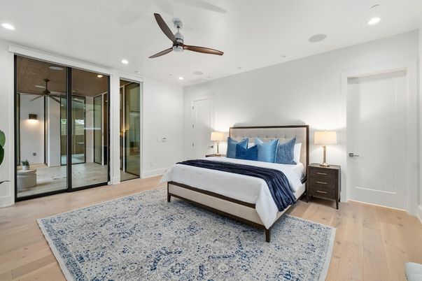 Bedroom, Interior, Recessed Lighting, Wood Texture Flooring