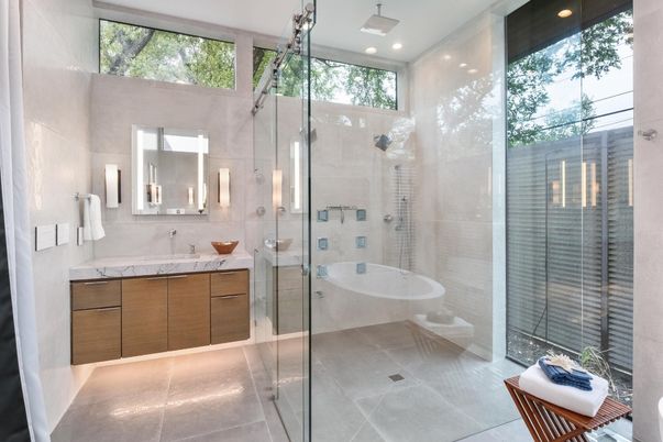 Bathroom, Glass Shower, Interior, Recessed Lighting