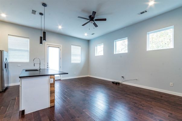 Empty room, Interior, Kitchen, Pendant Lights, Recessed Lighting, Wood Texture Flooring